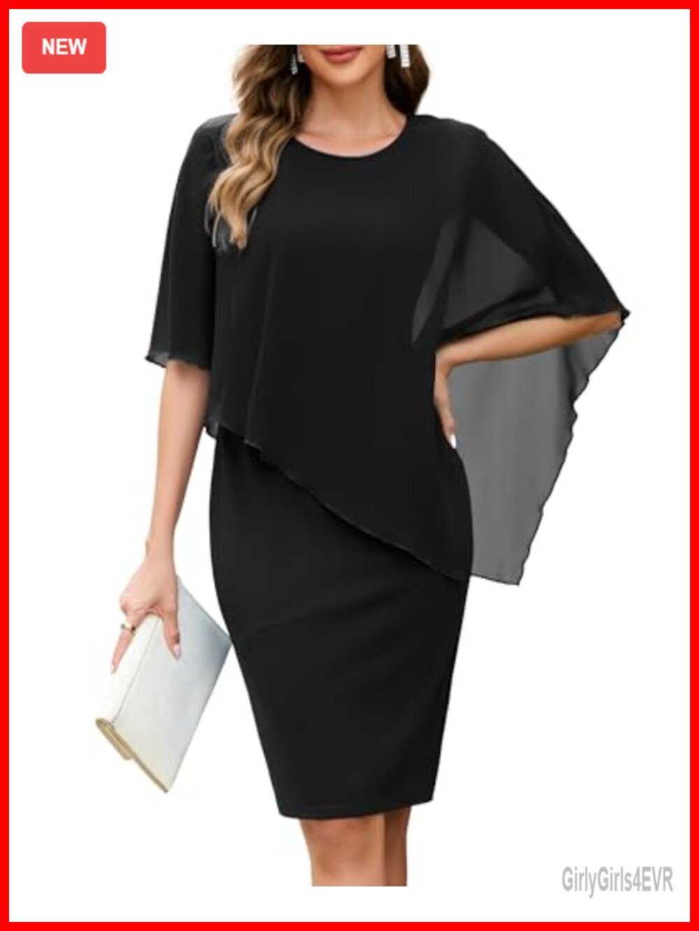 Women's Chiffon Crew Neck Cape Sleeveless Wedding Guest Midi Dress